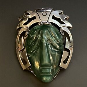 Vintage Sterling & Jade Taxco warrior with headdress brooch